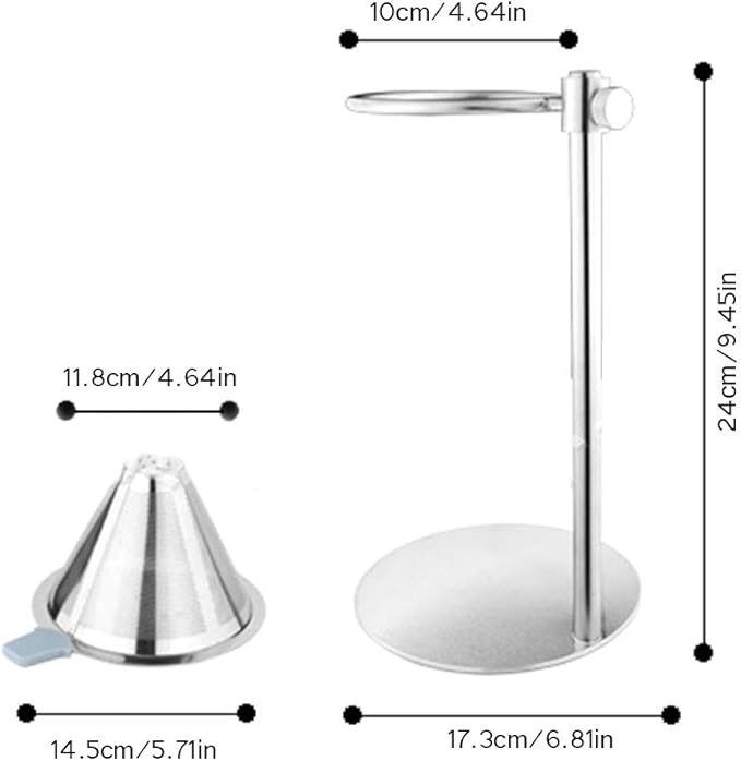 Mingkai Stainless Steel Pour Over Coffee Maker Adjustable Pour Over Coffee Stand with Double Filter Freestanding Drip Cone Brewer and Stand Make Coffee Directly into Mug Cup or Thermos Silver