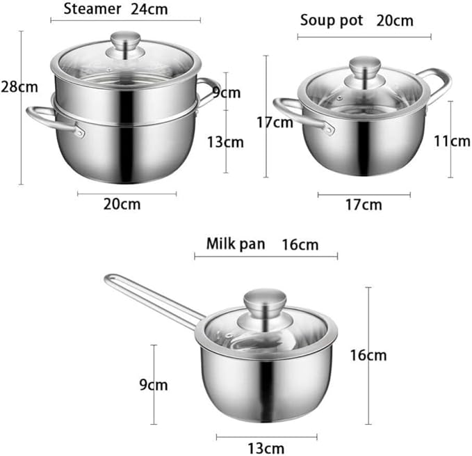 Kitchen Cookware Sets 3Pcs Cookware Set Soup Pot Milk Pan Steamer with Glass Lid Stainless Steel Cooking Pot Set Kitchen Cooking Set Cooking Pots