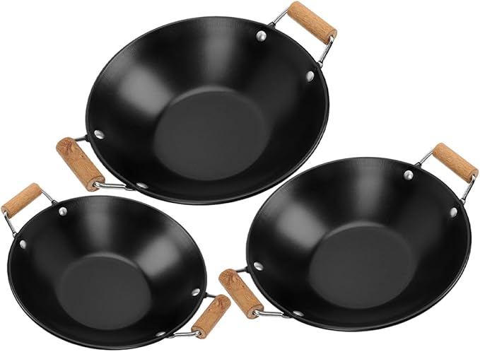 Homoyoyo 3pcs Stainless Steel Overflow-proof Dry Cooking Pots with Black Wooden Handles Small Household Cooking Pans for Stove Use Sturdy Metal Cookware Set for Single and Family Meals