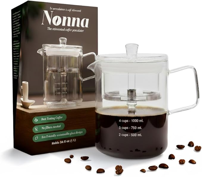 NONNA 2.0 Glass Coffee Percolator - Borosilicate Glass &amp Stainless Steel Retro Percolator | Eco Friendly Coffee Gift | BPA Free | Stovetop Glass Coffee Percolator (1 Unit)