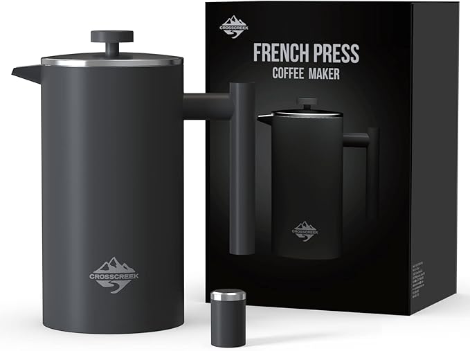 French Press Coffee Maker Double Wall 304 Stainless Steel Coffee Press with 60g Coffee Canister Black Dishwasher Safe 34oz (1L) (Black)