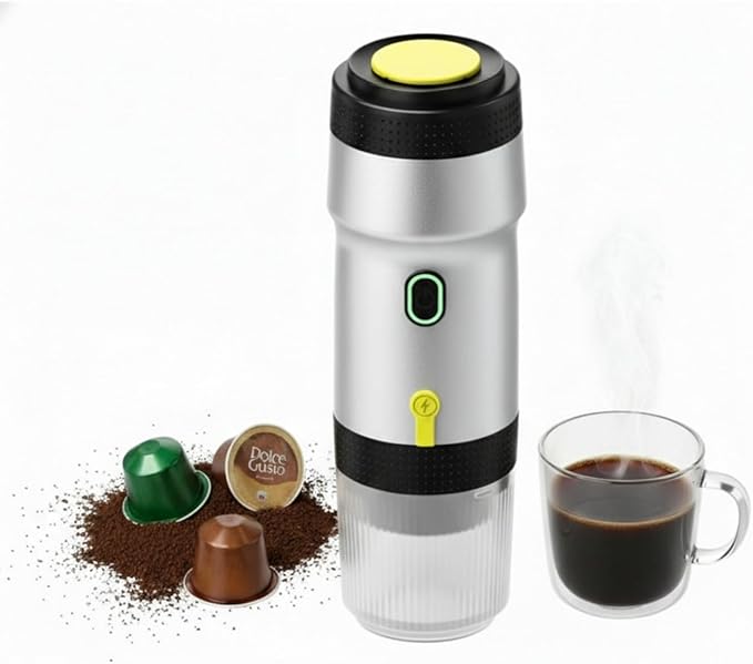 Portable Espresso Maker 20 Bar Pressure Small Coffee Machine Rechargeable Battery Operated Mini Coffee Maker for Pods or Grounds Includes Car Charger for Hot &amp Iced Coffee (Silver)