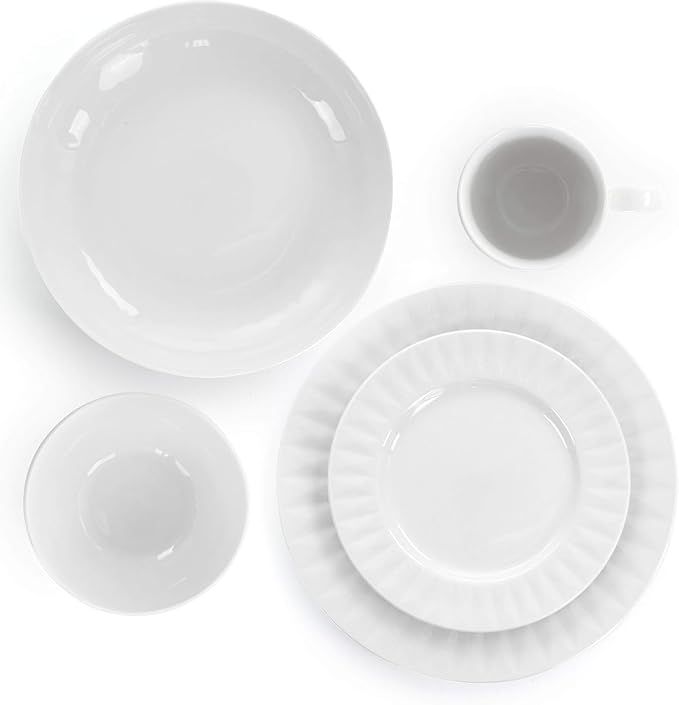 18 Piece White Porcelain Dinnerware Set with Cups and Serving Bowls – Diamond Pattern Plates and Bowls Service for 4 Microwave &amp Dishwasher Safe