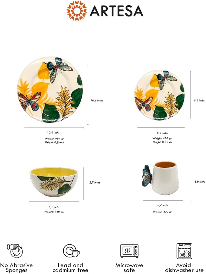 ARTESA ORGANICS BRIGHT NATURE AMARILLO Ceramic Dinnerware Set Yellow Butterfly Pattern with Tropical Leaves Handmade &amp Hand-Painted 4-Piece Collection Microwave Safe