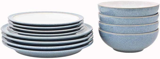 Denby Elements Blue Dinner Set - 4/12 Piece Ceramic Tableware - Dishwasher &amp Microwave Safe - 4 Dinner Plates 4 Medium Plates 4 Cereal Bowls