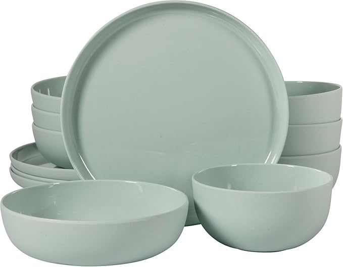12 Piece Wheat Straw Melamine Dinnerware Set – Lightweight Plates and Bowls Service for 4 Durable &amp Dishwasher Safe (Green)