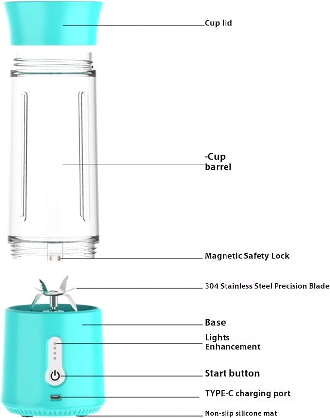 Portable Blender with USB Charging Personal Size Smoothie Maker 500ml Glass Cup 304 Stainless Steel Blades (white)