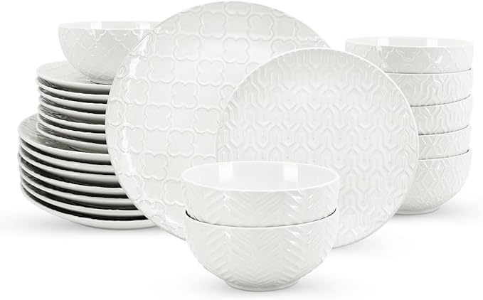 Sureasy Ceramic Dinnerware Sets for 8 24 Piece Embossed Plates and Bowls Sets Scratch Resistant Stoneware Dishes Set Dishwasher and Microwave Safe White