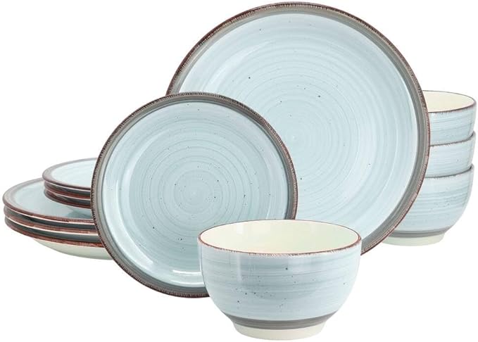 12-Piece Speckled Ceramic Dinnerware Set – Light Blue Plates and Bowls for 4 Rustic Everyday Tableware Microwave &amp Dishwasher Safe