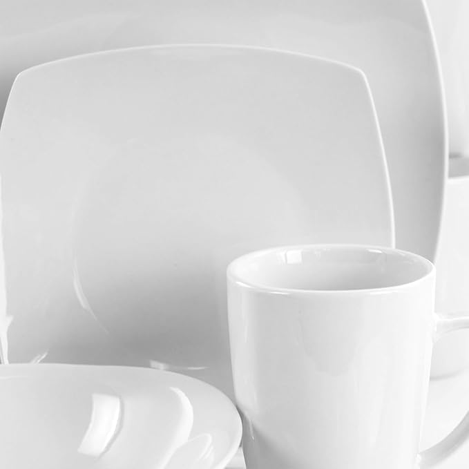 16 Piece Porcelain Dinnerware Set in White Soft Square Modern Plates and Bowls Dishwasher and Microwave Safe Tableware Set for 4