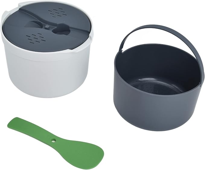 Yosoo Health Gear Microwave Rice Cooker 4in1 PP Kitchen Set with Measuring Cup Colander and Steamer 2L Container for Rice Grains and Veggies in Minutes Office and Small Kitchen (Green)