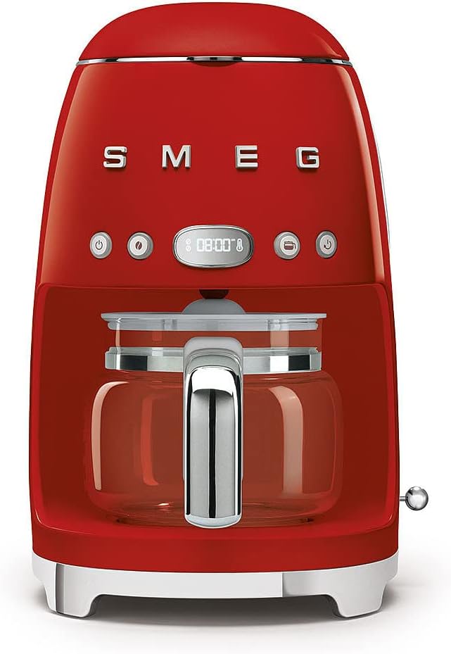 Smeg DCF02RDUK Drip Coffee Machine Auto-Start Mode Reuseable Filter Digital Display Anti-Drip System Aroma Intensity Option 1.4 Litre Tank Red