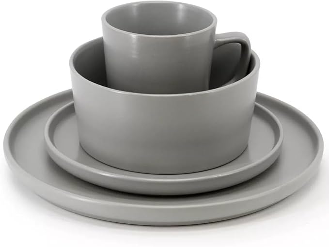 16 Piece Stoneware Dinnerware Set – Modern Matte Finish Plates and Bowls Microwave &amp Dishwasher Safe Service for 4 (Light Gray)