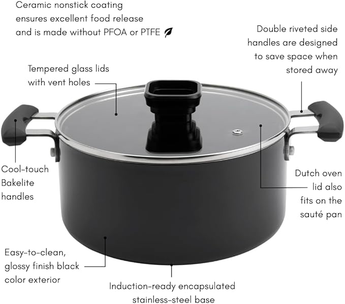 Denmark Tools for Cooks 7 Piece Ceramic Nonstick Aluminum Nesting Cookware Set Pots Pans Black