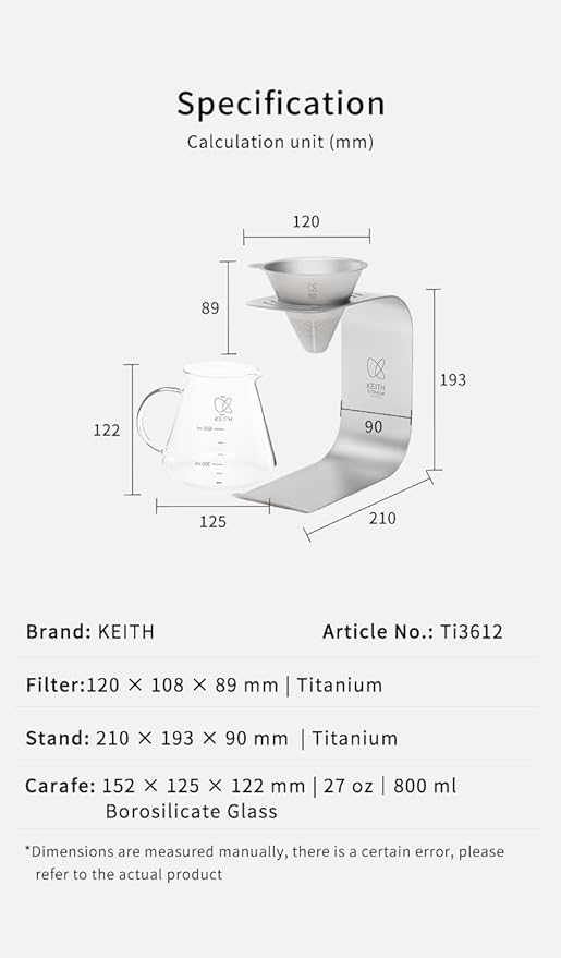 Keith Titanium Pour-Over Coffee Gear Series (Ti3612 Pour-Over Kit (Ti3661+Ti3625))