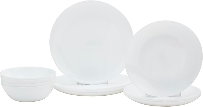 Tabletops Gallery Kitchen Dinnerware Set Microwave Dishwasher Safe Plates Bowls Service for 4-12 Piece Coupe Opal Glass Dinnerware Set White