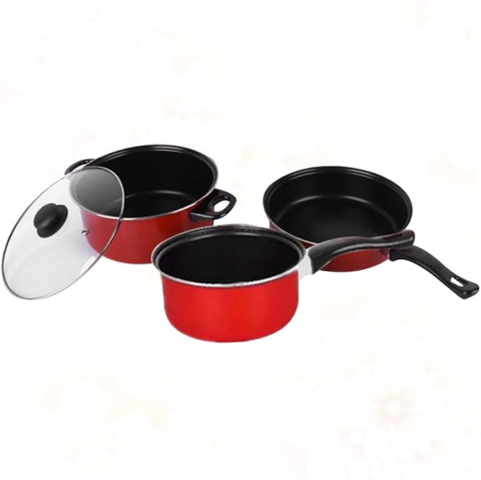 3pcs Steel Frying Pan Soup Pot with Lid Blush Set Nonstick Skillet Kitchen Pots and Pan Cookware Set Cooking Tool Frying Pan Soup Pot Milk Pan Set Kitchen Utensil Milk Pot