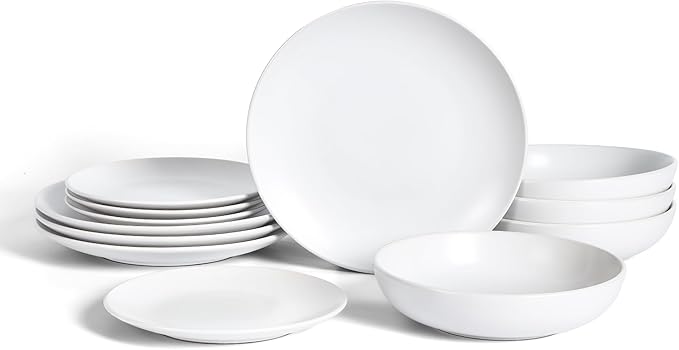 Earth &amp Clay Mia 12-Piece Stoneware Dinnerware Set Plates and Bowls Set Dishwasher and Microwave Safe Dish Set for 4 White