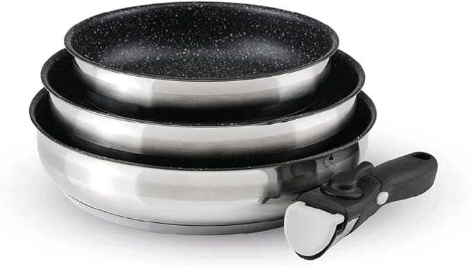 4-Piece Induction Cookware Set - Set of 3 Non-Stick Frying Pans 20 24 and 26 cm with Removable Handle - Stainless Steel - All Heat - PFOA Free - Silver/Black