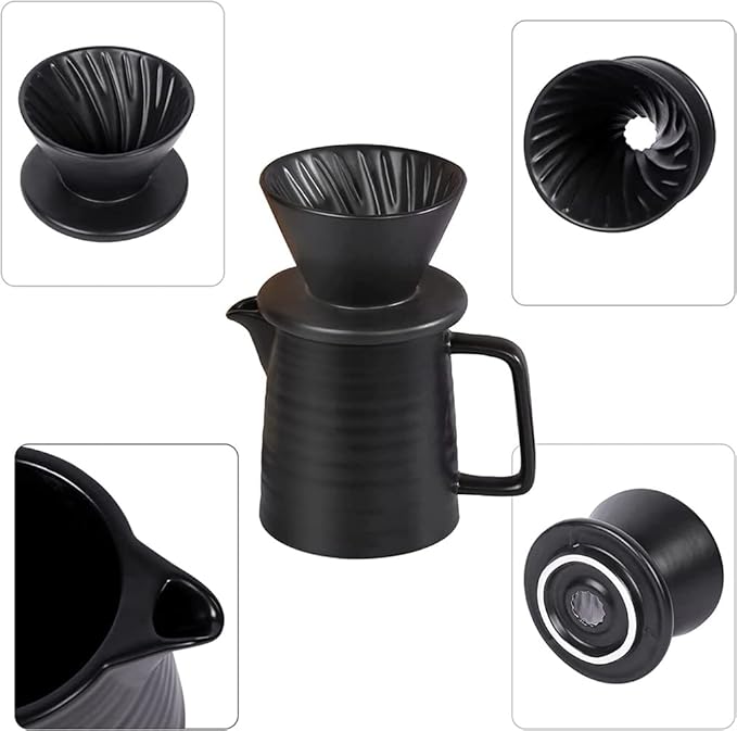Ceramic Pour Over Coffee Maker SetPremium Black V60 Dripper and Hand Coffee Pot1-2 Cup Home Filter Coffee Maker-500ml