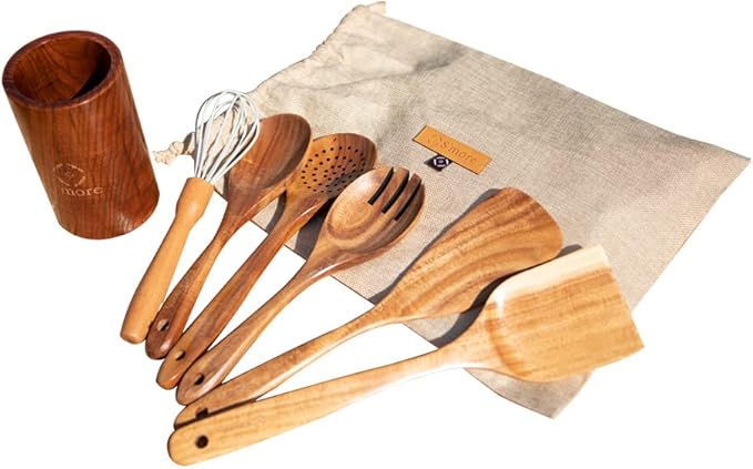 S'more Kitchen Tools 7 Set Kitchen Tools Set Cookware Wood Natural Teak Wood Cooking Tools 7-Piece Set Beige One Size Fits All
