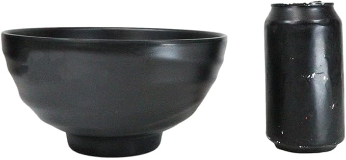 Ebros Gift Contemporary Ridged Matte Black Melamine Series Dinnerware Serveware Kitchenware Set Japanese Chinese Restaurant Supply (Pack Of 6 Round Deep Ramen Soup Pasta Salad Bowls 46oz)