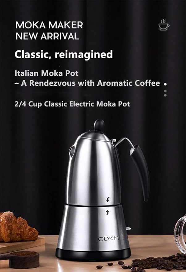 Electric Moka Coffee Maker - Electric Moka Pot with Italian Safety Valve STRIX UK Thermostat 304 Stainless Steel - Preparation of Rich and Aromatic Espresso Coffee (230 Milliliters)
