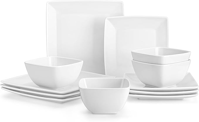 vancasso Soho Dinnerware Sets 12 Pieces White Stoneware Square Place Setting Dinner Plate Dessert Plate Bowls Service for 4