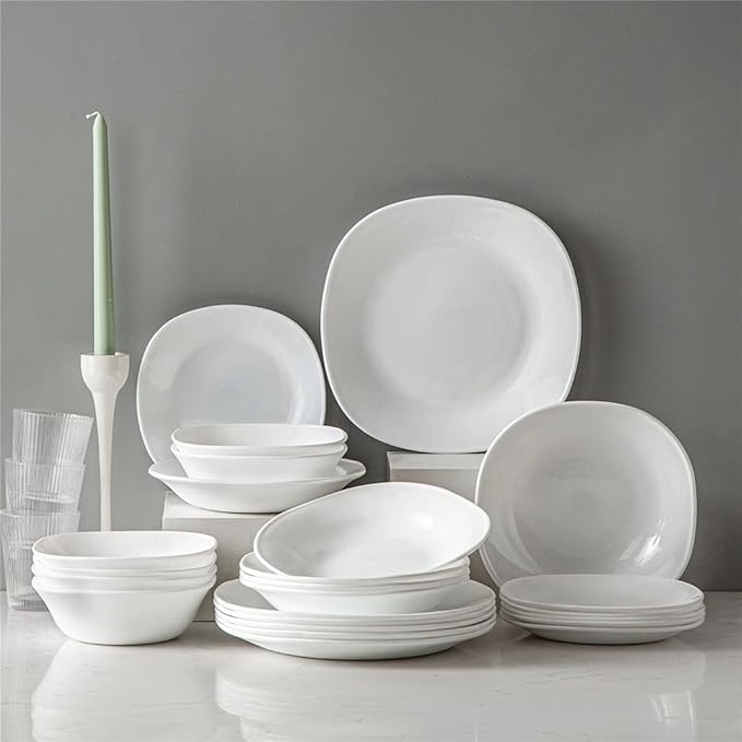 24/48-Piece Unbreakable Durable Opal Glass Dinnerware Set with Dinner Plate Soup Plate Dessert Plate Bowl Set