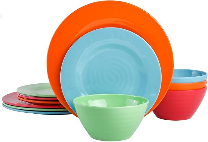 Vibrant 12-Piece Melamine Dinnerware Set – Colorful &amp Durable Plates and Bowls for Indoor &amp Outdoor Dining