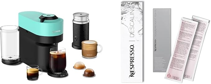 Nespresso Vertuo Pop+ Coffee and Espresso Maker by Breville with Milk Frother Aqua Mint Descaling Kit