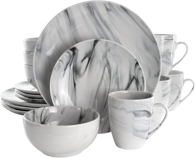 16 Piece Fine Marble Stoneware Dinnerware Set Black &amp White