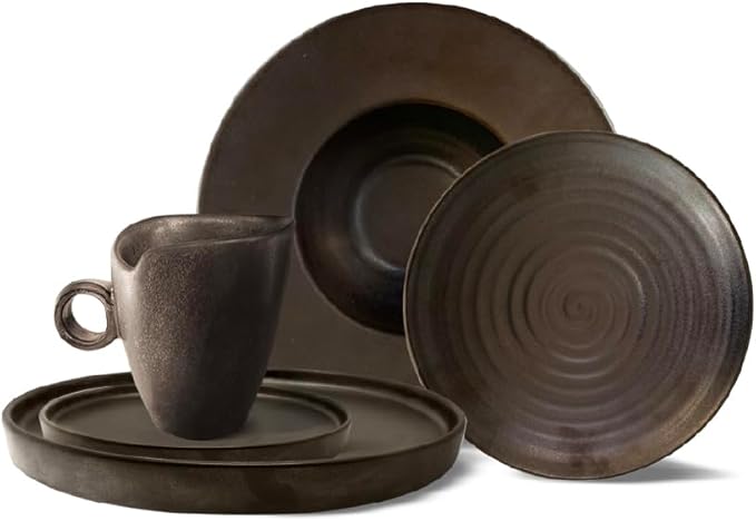 Artesa Handmade Ecuadorian Ceramic 4-Piece Rustic Dinnerware Set – Metallic Brown Includes 11-inch Dinner Plate 8-inch Salad Plate Pasta Bowl Cup &amp Saucer Microwave Safe