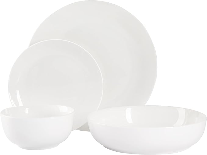 Gibson Home Gracious Dining Double Bowl Porcelain Chip and Scratch Resistant Dinnerware Set Service for 4 (16pcs) White (Coupe)