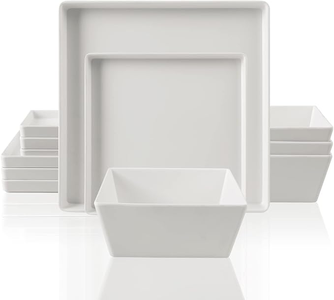 12 Piece Square Melamine Dinnerware Sets for 4 - Plastic Matte White Plates and Bowls Sets Best for Indoor Outdoor Grill Holiday Party Camping BPA-Free Dishwasher Safe