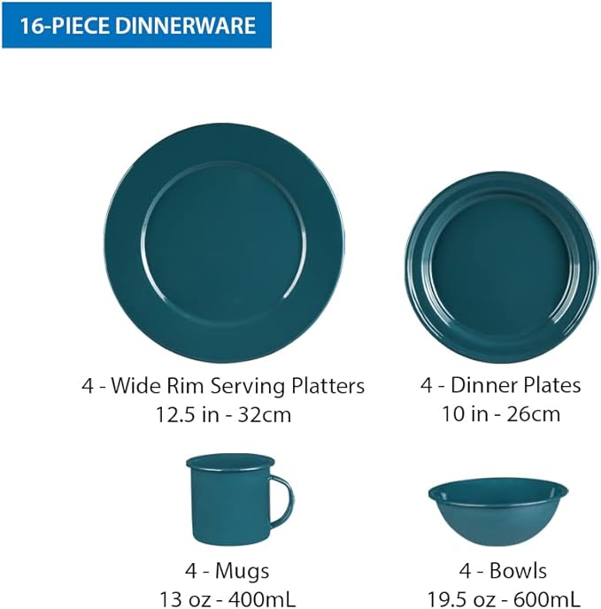 Cinsa 16 Piece. Enameled Dinnerware Camping/Outdoor Set for 4. Includes Plates Bowls Mugs Coffee Boiler