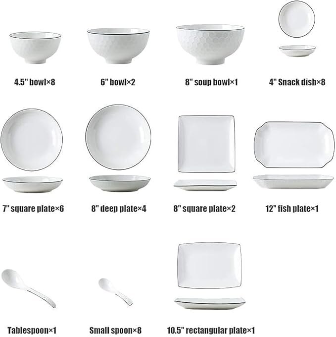 Dinnerware Set Plates and Bowls Sets 42 Pieces Black Line Stroke Porcelain Dinnerware Combination Set | Bump Texture Plates And Cereals Bowls Sets