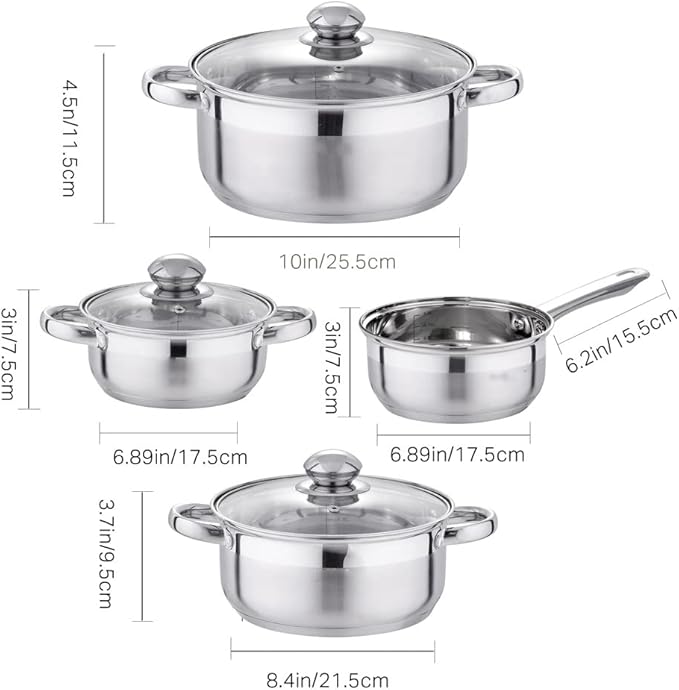 Cookware Set Stainless Steel 7-Piece Kitchen Cooking Pot&ampPan SetsInduction SaucepanCasserole with Tempered Glass Lid