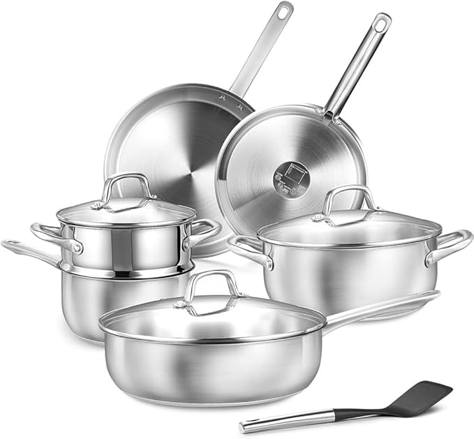 Stainless Steel Cookware Set 10Pcs All Stoves Compatible Stainless Steel Saucepan Stockpot and Frying PanWhite10 Pc