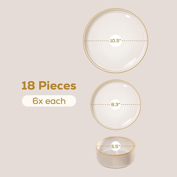 Romswi Stoneware 18Pcs Dinnerware Sets Ceramic Plates and Bowls Set for 6 Chip &amp Scratch Resistant Ribbed Dish Set Handmade Reactive Glaze Oven Microwave &amp Dishwasher Safe Cappuccino Whi