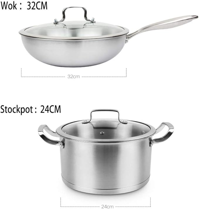 2 pc Cookware SetDeluxe Quality Stainless SteelStock PotWokUncoated Non Stick Fry Panwith Tempered Glass CoverNon-scalding Handle Suitable for Various He