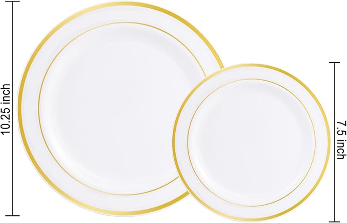 I00000 60 Pieces Gold Plastic Plates Heavy Duty White and Gold Plastic Plates for 30 Guests Include: 30 Gold Rim Dinner Plates and 30 Gold Dessert Plates Perfect for Wedding &amp Party