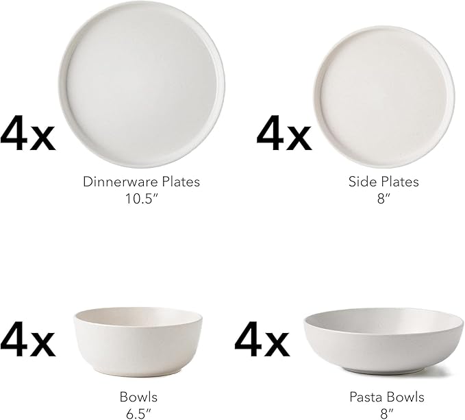 SKUGGA Round Stoneware 16pc Double Bowl Dinnerware Set for 4 Dinner and Side Plates Cereal and Pasta Bowls - Matte White(466077)