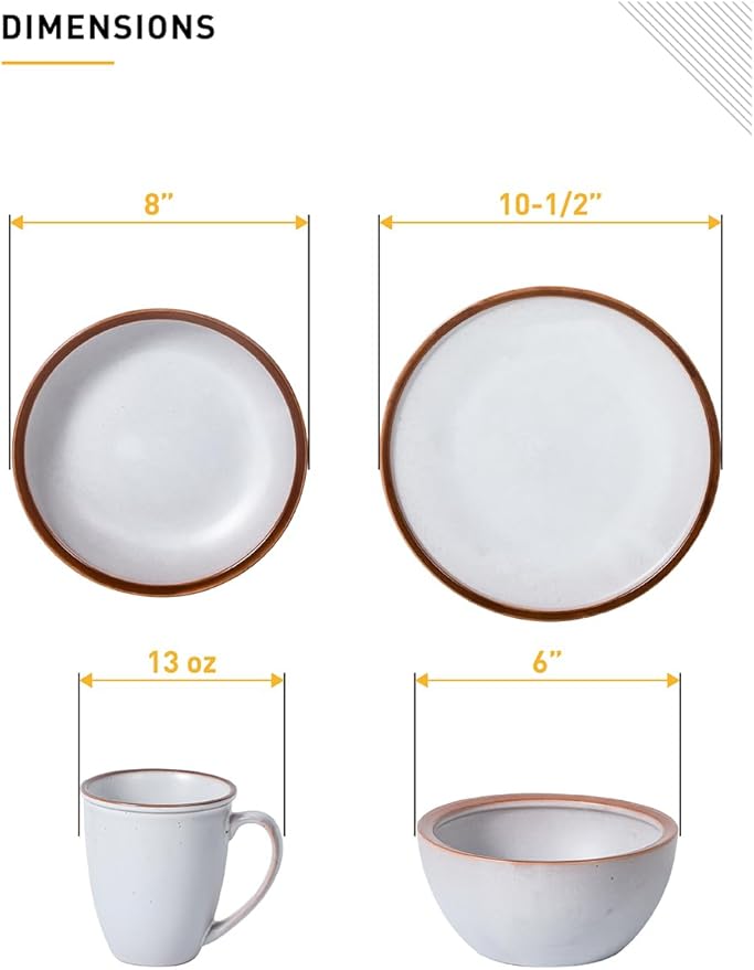 Table 12 Maldan Stoneware 16-Piece Dinnerware Set Service for 4 Coupe Shaped Dinnerware Reactive Glaze Off-White with Coffee Brown Rim Plates and Bowls Sets Dishwasher and Microwave Safe TD16YN