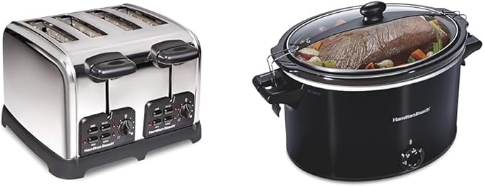 Hamilton Beach 24782 Retro Toaster with Wide Slots Sure-Toast echnology &amp Slow Cooker Extra Large 10 Quart Stay or Go Portable With Lid Lock