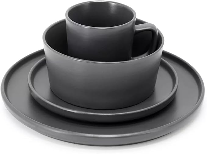 16 Piece Stoneware Dinnerware Set – Modern Matte Finish Plates and Bowls Microwave &amp Dishwasher Safe Service for 4 (Dark Gray)
