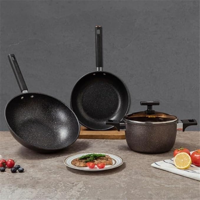 3-Piece Non-Stick Cookware Set with 30cm Wok 26cm Frying Pan &amp 20cm Stockpot for Gas &amp Induction Cookers