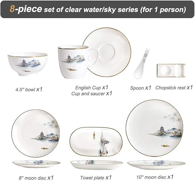 8pc Porcelain Bone China Dinnerware Set Ceramic Dinner Sets Clear Water and Cloud Sky Setting Dishes Set