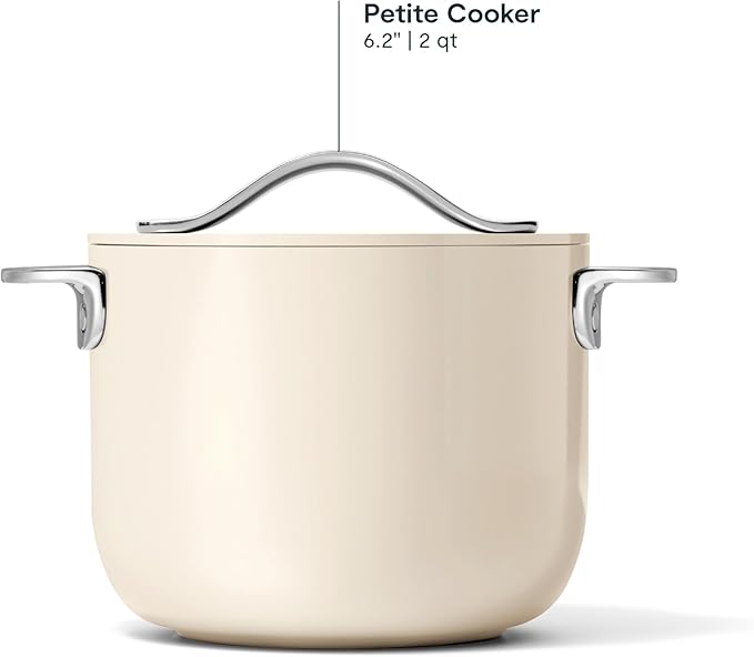 Caraway Petite Cooker - 2 Qt Ceramic Coated Pot - Free From Forever Chemicals - Perfect for Rice Grains or Sauces - Cream
