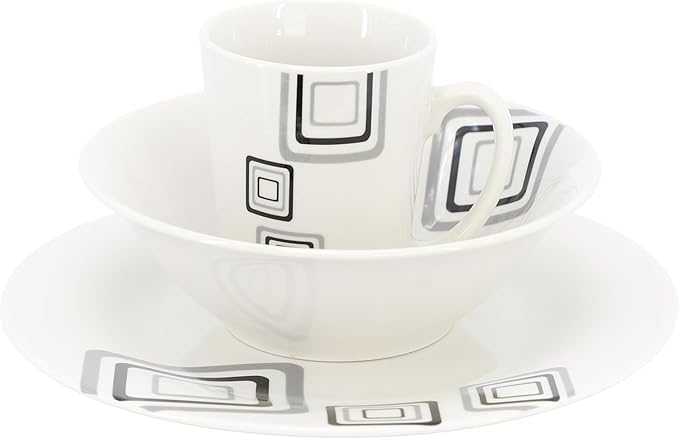 12-Piece Ceramic Dinnerware Set for 4 – White Round Plates Bowls &amp Mugs with Green Loops – Microwave &amp Dishwasher Safe Tableware Set (WHite &amp Black)